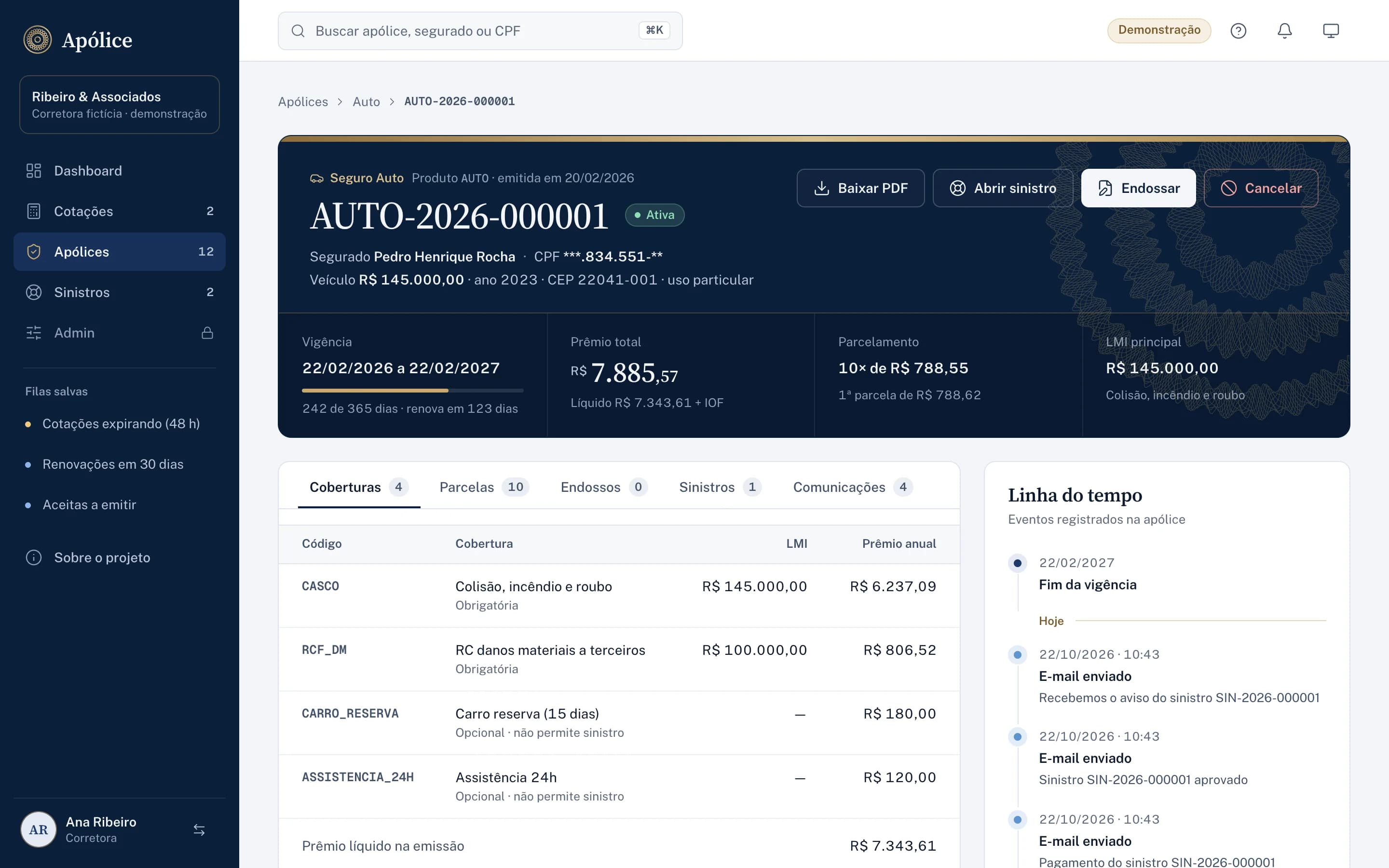 Detalhe da apólice AUTO-2026-000001 tratada como um certificado: faixa marinha com gravura e fio dourado, status Ativa, segurado Pedro Henrique Rocha com CPF mascarado, veículo de R$ 145.000,00, ano 2023, e as ações Baixar PDF, Abrir sinistro, Endossar e Cancelar; abaixo, a vigência de 22/02/2026 a 22/02/2027 com a barra de 242 de 365 dias, prêmio total de R$ 7.885,57, parcelamento em 10× de R$ 788,55 e LMI principal de R$ 145.000,00. Mais abaixo, as abas Coberturas, Parcelas, Endossos, Sinistros e Comunicações, com a tabela de coberturas e o prêmio anual de cada uma, e a linha do tempo da apólice com os e-mails enviados.